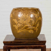 Antique Thai Glazed Ceramic Brown Round Planter with Golden Floral Motifs