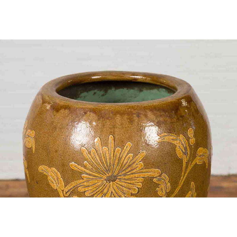 Antique Thai Glazed Ceramic Brown Round Planter with Golden Floral Motifs