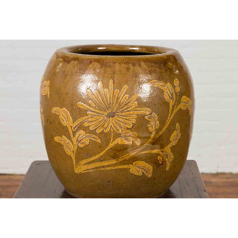 Antique Thai Glazed Ceramic Brown Round Planter with Golden Floral Motifs