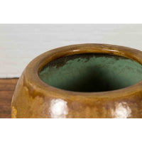 Antique Thai Glazed Ceramic Brown Round Planter with Golden Floral Motifs