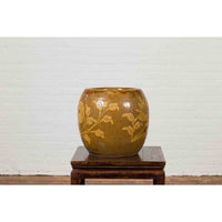 Antique Thai Glazed Ceramic Brown Round Planter with Golden Floral Motifs