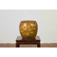 Antique Thai Glazed Ceramic Brown Round Planter with Golden Floral Motifs
