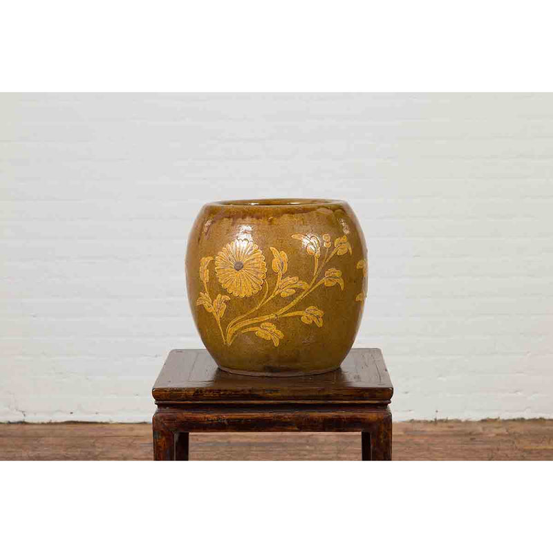 Antique Thai Glazed Ceramic Brown Round Planter with Golden Floral Motifs