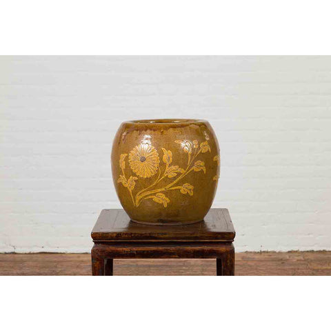 Antique Thai Glazed Ceramic Brown Round Planter with Golden Floral Motifs