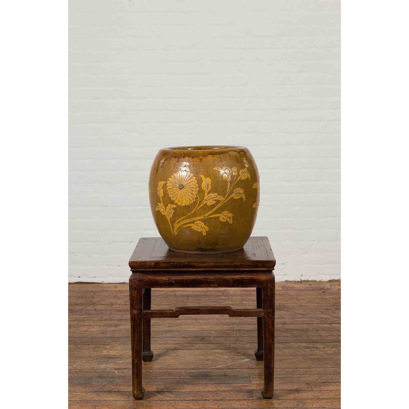 Antique Thai Glazed Ceramic Brown Round Planter with Golden Floral Motifs
