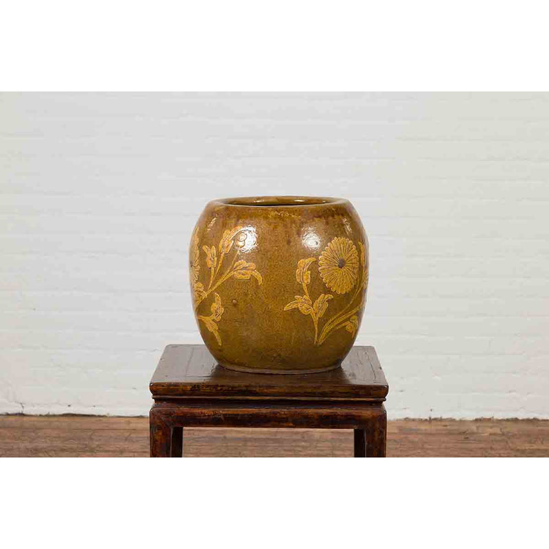 Antique Thai Glazed Ceramic Brown Round Planter with Golden Floral Motifs