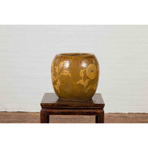 Antique Thai Glazed Ceramic Brown Round Planter with Golden Floral Motifs