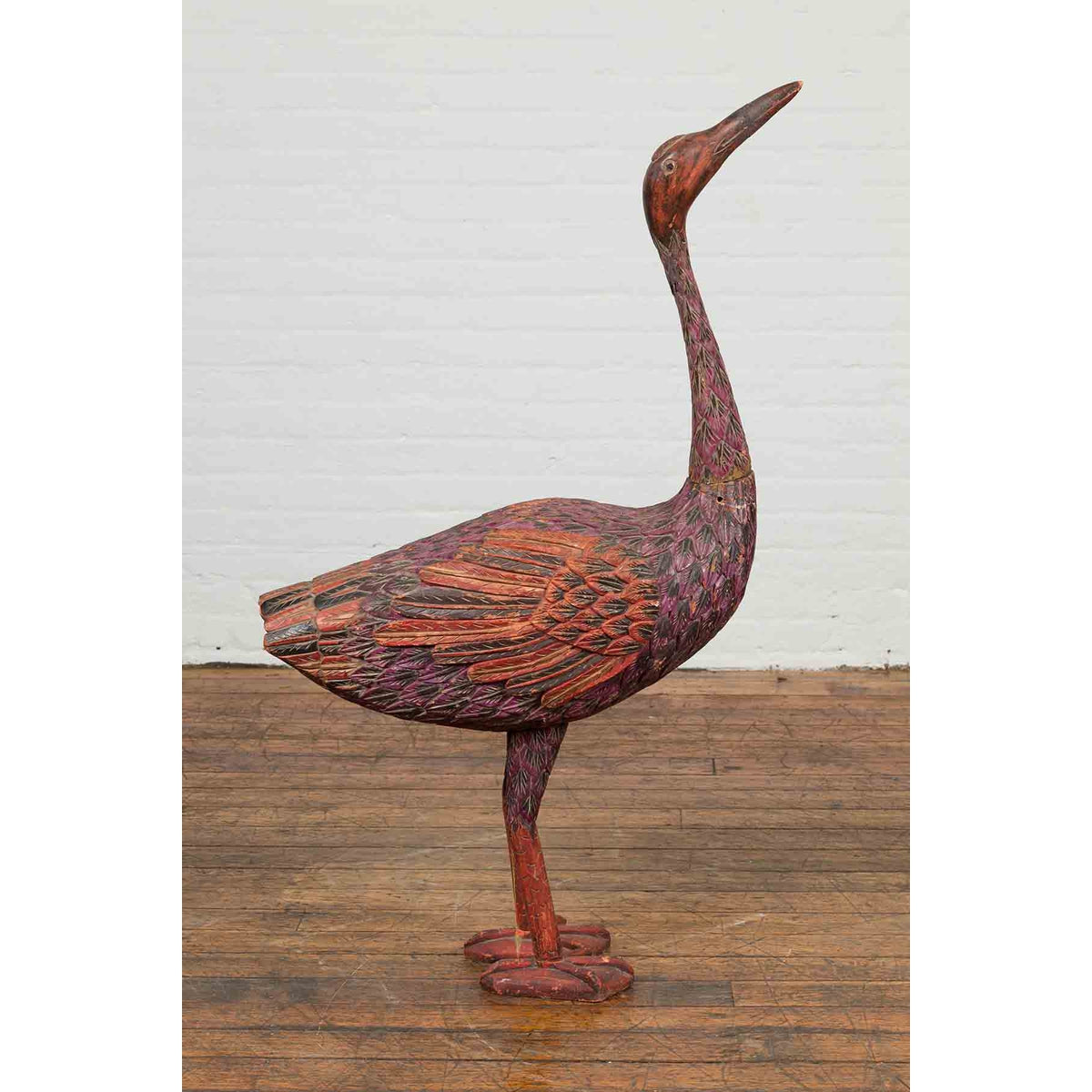 Indonesian Hand Carved Heron Sculpture with Purple, Orange and Black Tones-2. Asian & Chinese Furniture, Art, Antiques, Vintage Home Décor for sale at FEA Home