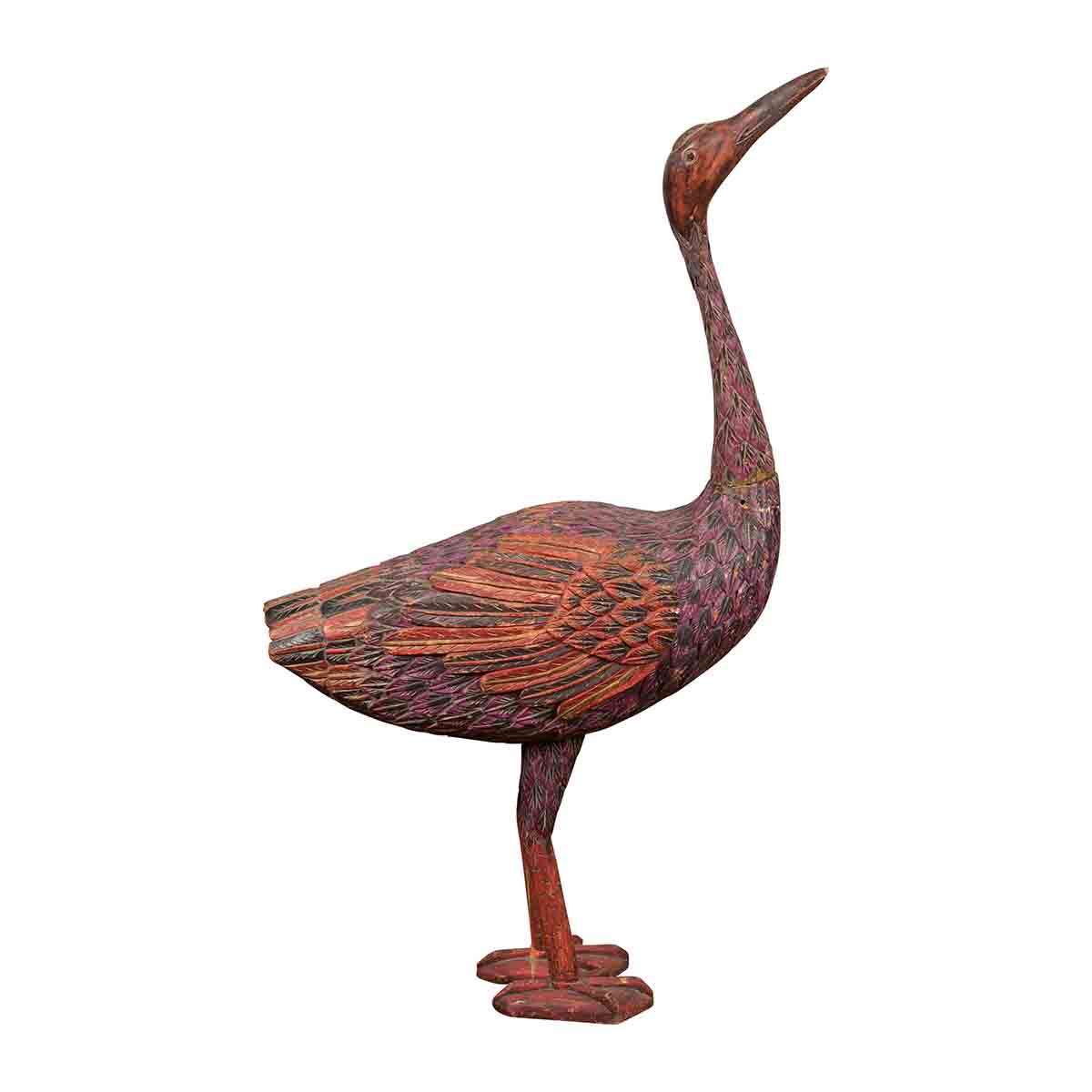Indonesian Hand Carved Heron Sculpture with Purple, Orange and Black Tones-1. Asian & Chinese Furniture, Art, Antiques, Vintage Home Décor for sale at FEA Home