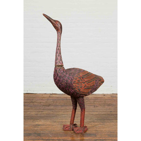 Indonesian Hand Carved Heron Sculpture with Purple, Orange and Black Tones