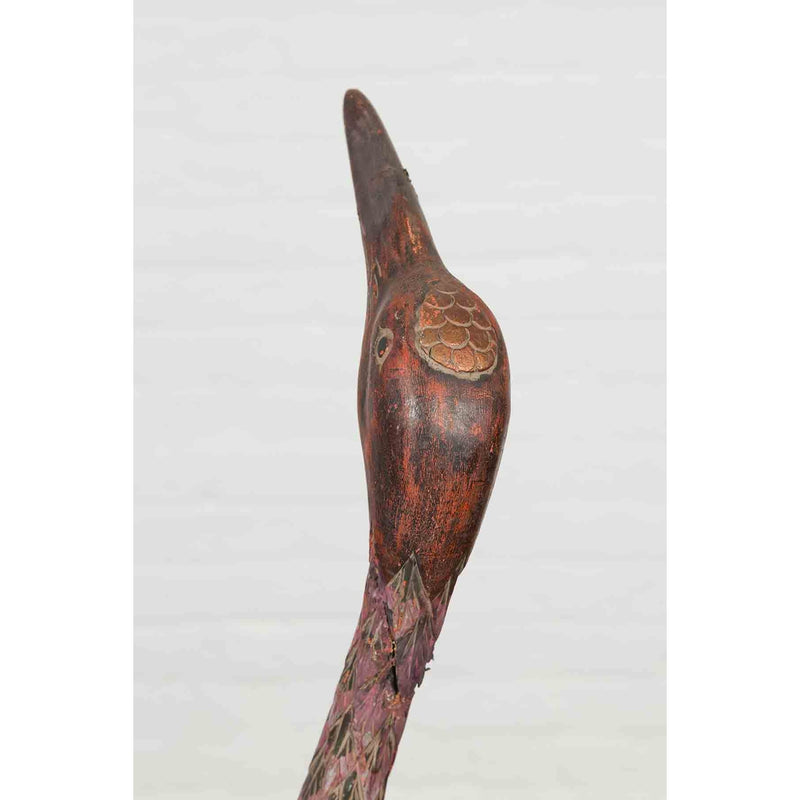 Indonesian Hand Carved Heron Sculpture with Purple, Orange and Black Tones