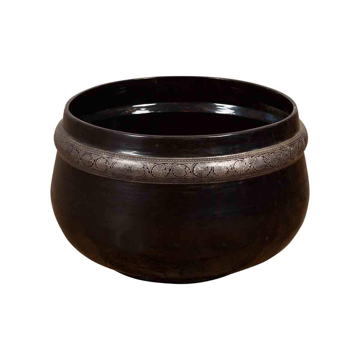 Burmese Vintage Black Lacquer Bowl with Silver Toned Frieze of Palmettes-1. Asian & Chinese Furniture, Art, Antiques, Vintage Home Décor for sale at FEA Home