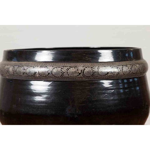 Burmese Vintage Black Lacquer Bowl with Silver Toned Frieze of Palmettes