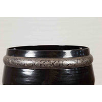 Burmese Vintage Black Lacquer Bowl with Silver Toned Frieze of Palmettes