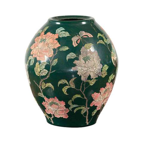 Vintage Chinese Handcrafted Green Vase with Incised Floral and Butterfly Decor-YN7048-1. Asian & Chinese Furniture, Art, Antiques, Vintage Home Décor for sale at FEA Home