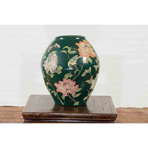 Vintage Chinese Handcrafted Green Vase with Incised Floral and Butterfly Decor-YN7048-3. Asian & Chinese Furniture, Art, Antiques, Vintage Home Décor for sale at FEA Home