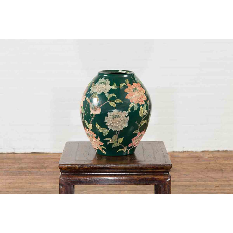 Vintage Chinese Handcrafted Green Vase with Incised Floral and Butterfly Decor-YN7048-4. Asian & Chinese Furniture, Art, Antiques, Vintage Home Décor for sale at FEA Home