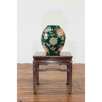 Vintage Chinese Handcrafted Green Vase with Incised Floral and Butterfly Decor