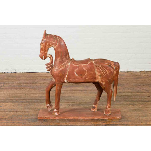 Antique Indian Carved and Painted Wooden Mogul Horse on Rectangular Base-YN7049-11. Asian & Chinese Furniture, Art, Antiques, Vintage Home Décor for sale at FEA Home
