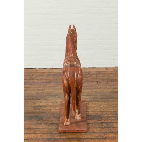 Antique Indian Carved and Painted Wooden Mogul Horse on Rectangular Base-YN7049-13. Asian & Chinese Furniture, Art, Antiques, Vintage Home Décor for sale at FEA Home