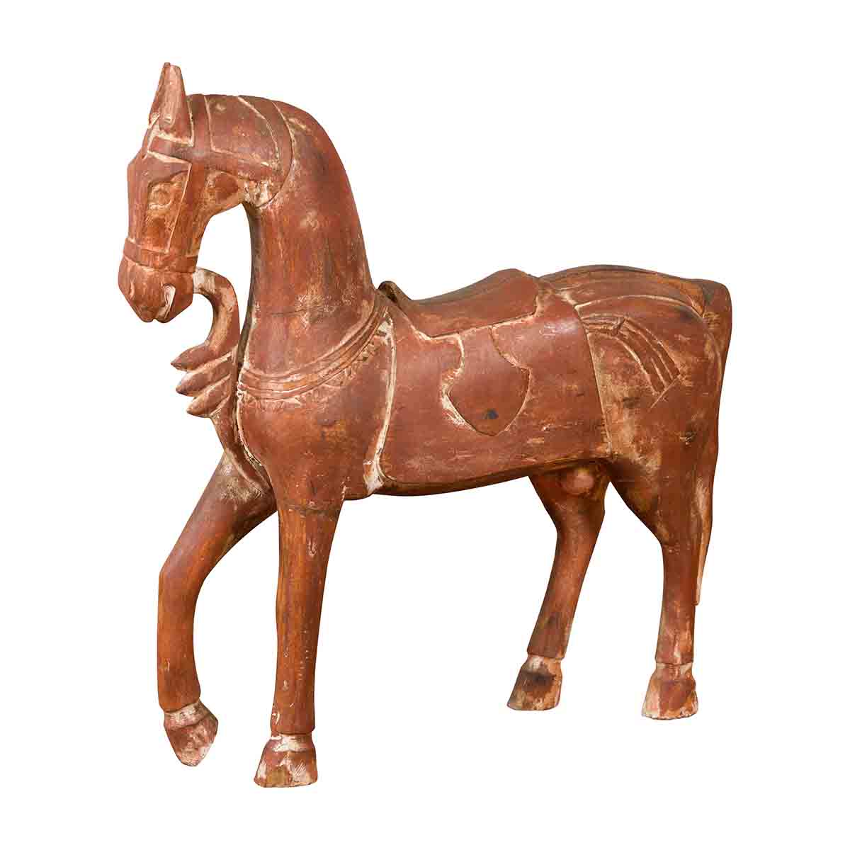 Antique Indian Carved and Painted Wooden Mogul Horse on Rectangular Base-1. Asian & Chinese Furniture, Art, Antiques, Vintage Home Décor for sale at FEA Home