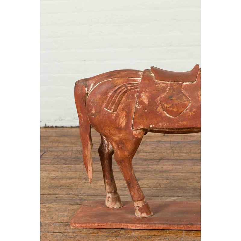 Antique Indian Carved and Painted Wooden Mogul Horse on Rectangular Base-YN7049-8. Asian & Chinese Furniture, Art, Antiques, Vintage Home Décor for sale at FEA Home