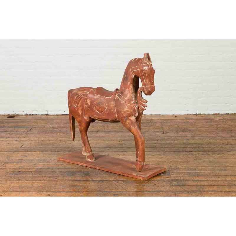 Antique Indian Carved and Painted Wooden Mogul Horse on Rectangular Base