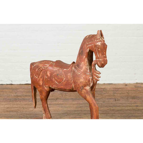 Antique Indian Carved and Painted Wooden Mogul Horse on Rectangular Base-YN7049-9. Asian & Chinese Furniture, Art, Antiques, Vintage Home Décor for sale at FEA Home