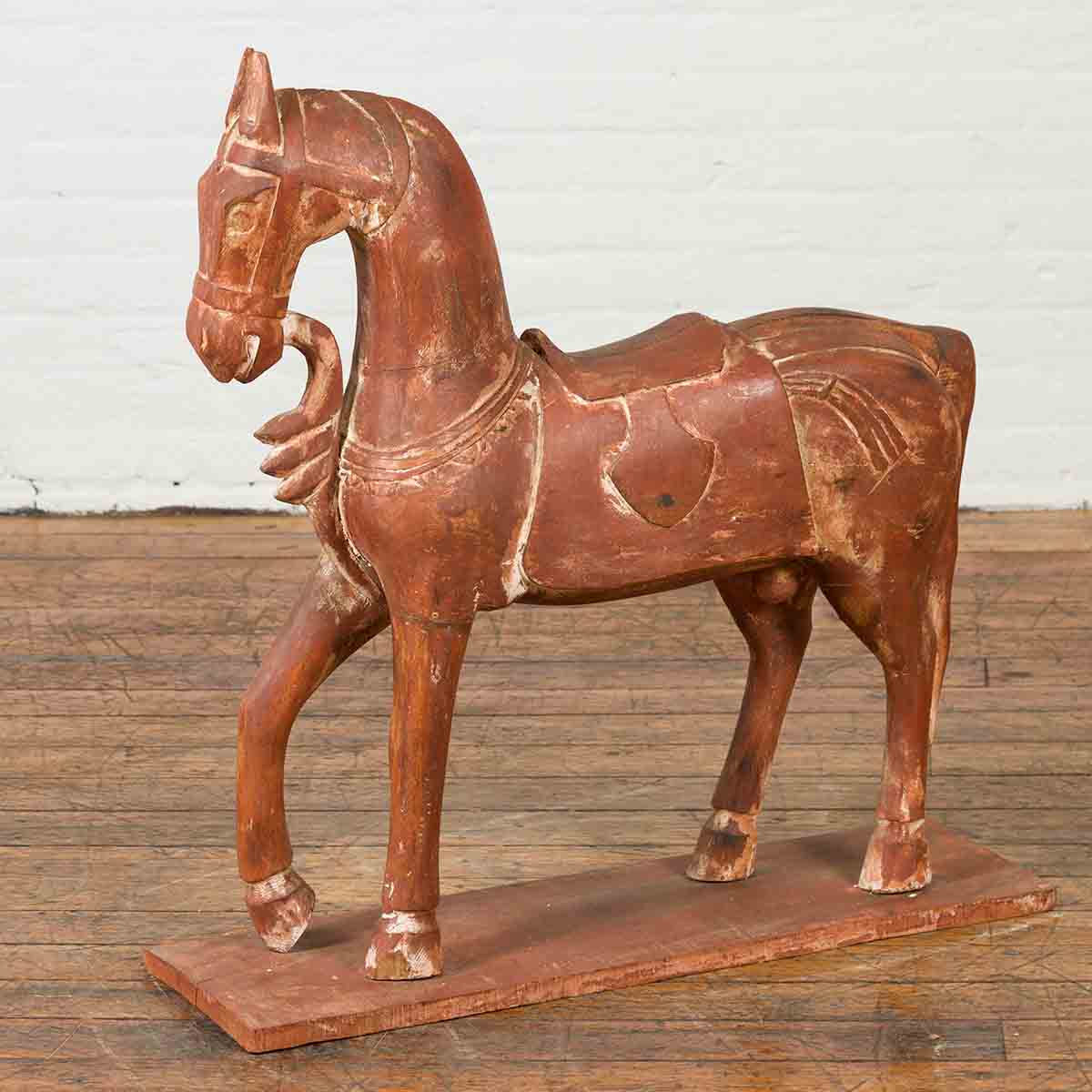 Antique Indian Carved and Painted Wooden Mogul Horse on Rectangular Base-2. Asian & Chinese Furniture, Art, Antiques, Vintage Home Décor for sale at FEA Home