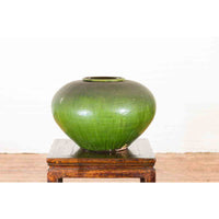 Chinese Vintage Porcelain Low Squat Planter with Verde Glaze and Aged Patina