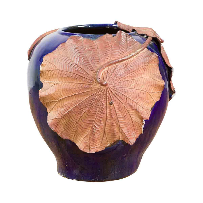 Large Thai 20th Century Cobalt Blue Planter with Raised Palm Leaf Motifs- Asian Antiques, Vintage Home Decor & Chinese Furniture - FEA Home