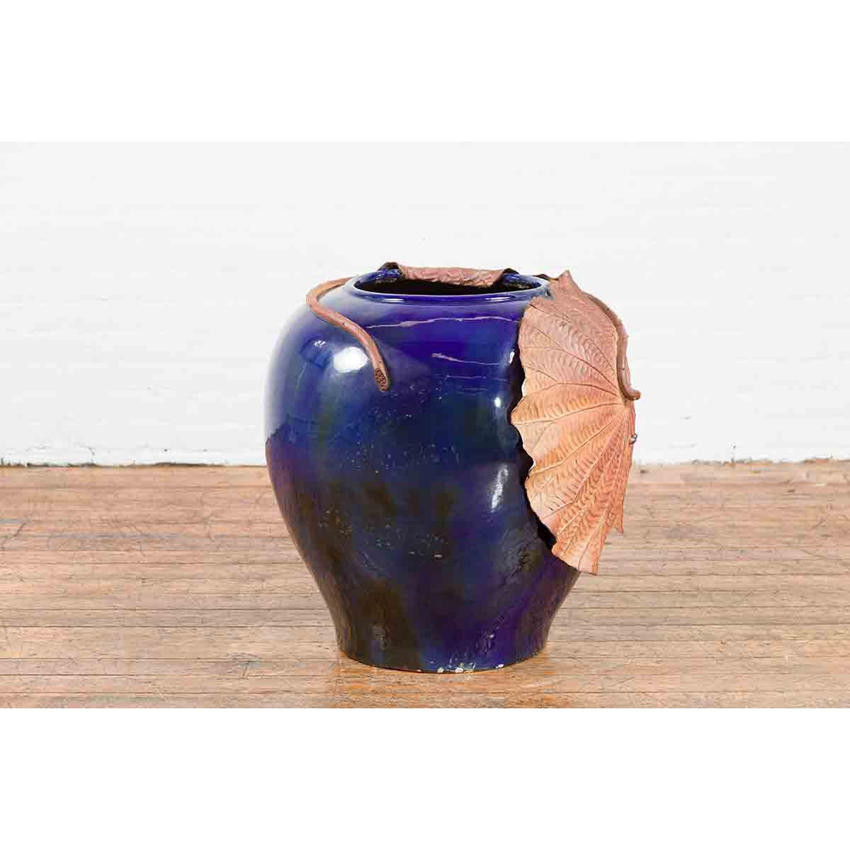 Large Thai 20th Century Cobalt Blue Planter with Raised Palm Leaf Motifs-9. Asian &amp; Chinese Furniture, Art, Antiques, Vintage Home Décor for sale at FEA Home