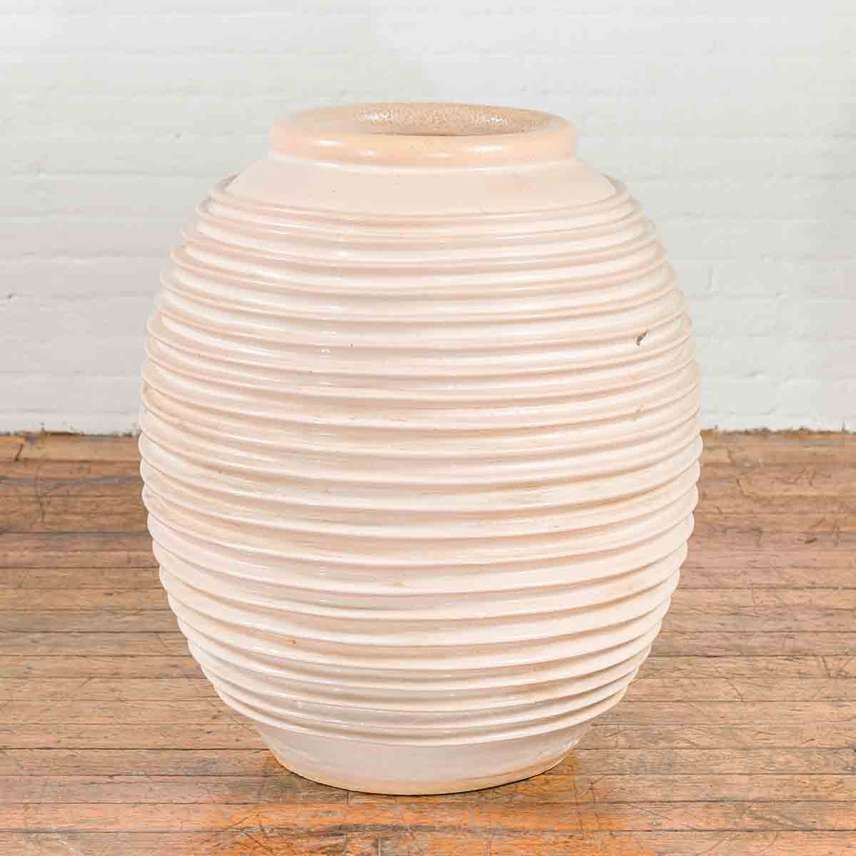 Large Thai Cream Toned Vase with Graduated Lines Décor and Light Pink Undertone-2. Asian & Chinese Furniture, Art, Antiques, Vintage Home Décor for sale at FEA Home