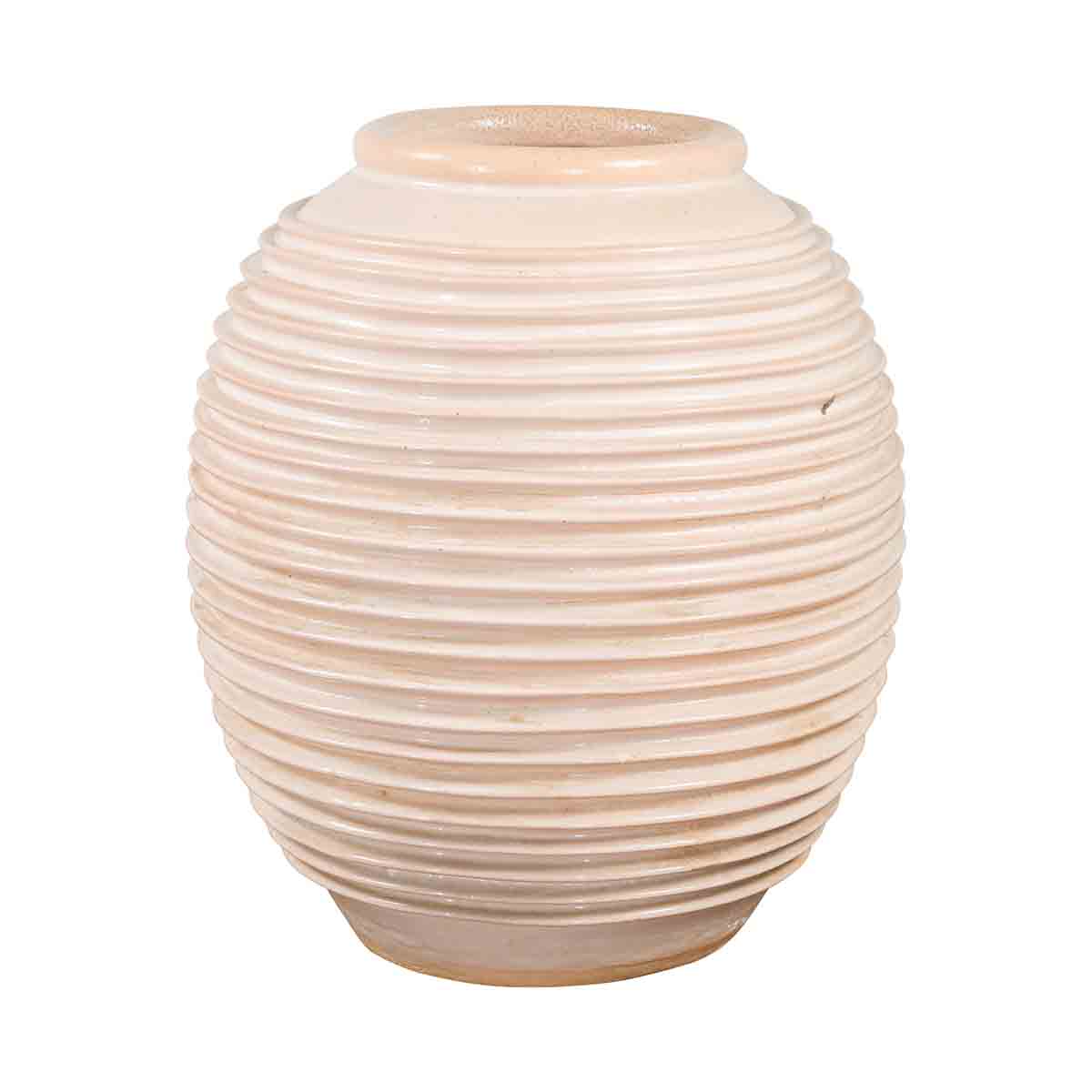 Large Thai Cream Toned Vase with Graduated Lines Décor and Light Pink Undertone-1. Asian & Chinese Furniture, Art, Antiques, Vintage Home Décor for sale at FEA Home