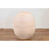Large Thai Cream Toned Vase with Graduated Lines Décor and Light Pink Undertone