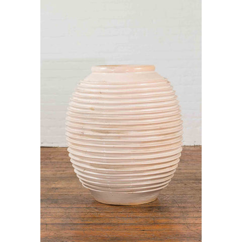 Large Thai Cream Toned Vase with Graduated Lines Décor and Light Pink Undertone