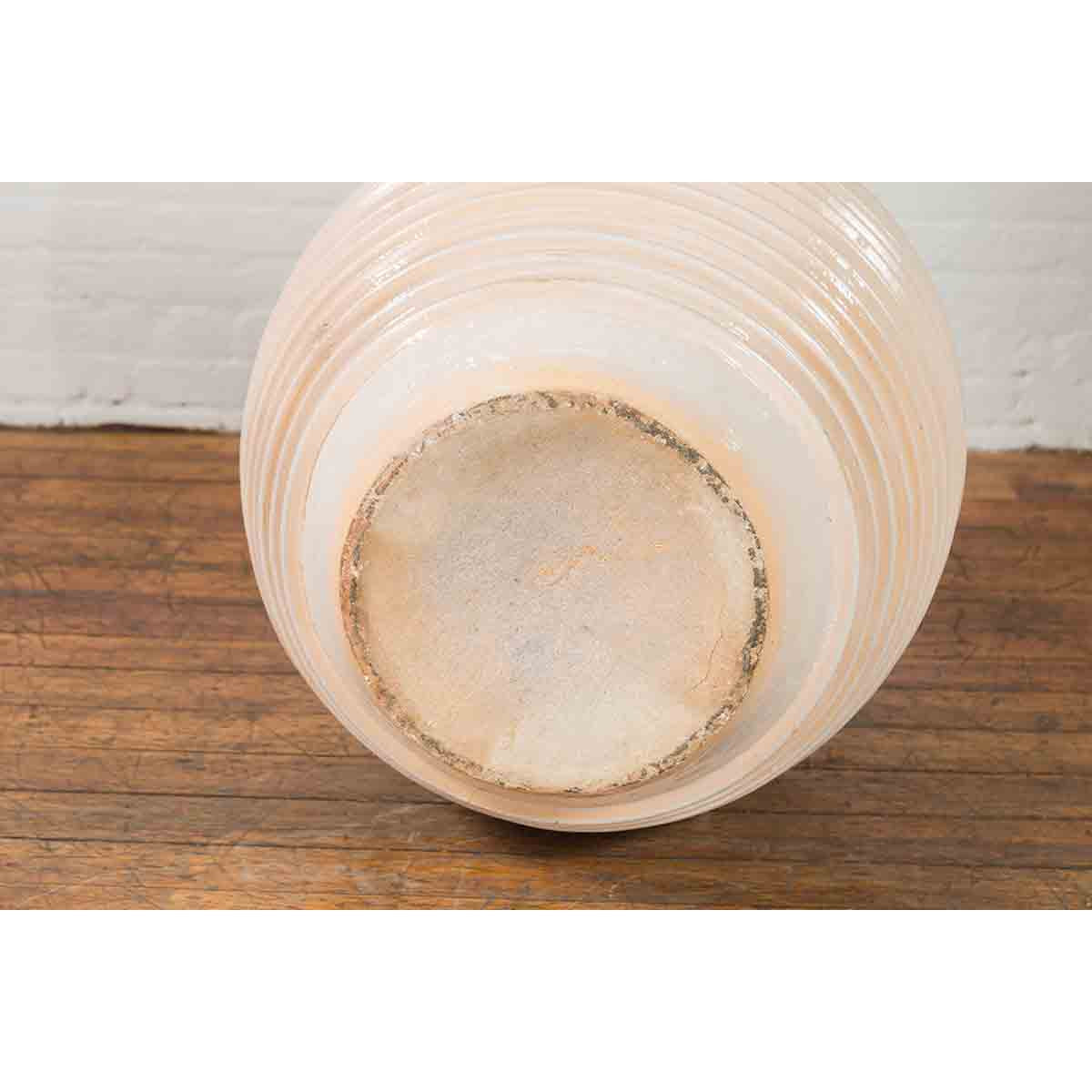 Large Thai Cream Toned Vase with Graduated Lines Décor and Light Pink Undertone-10. Asian &amp; Chinese Furniture, Art, Antiques, Vintage Home Décor for sale at FEA Home