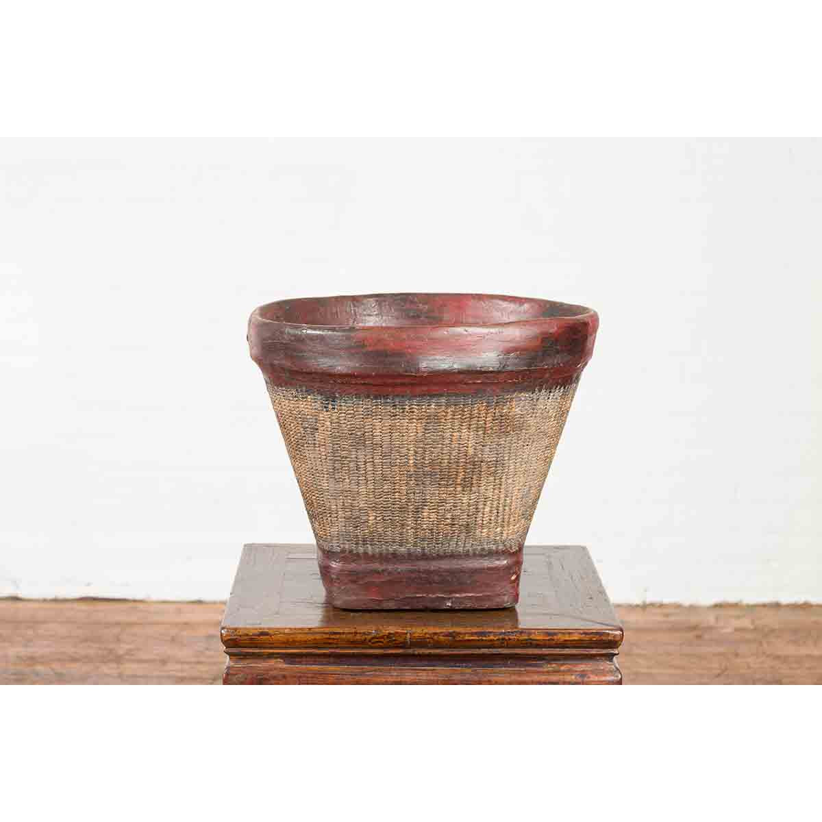 Thai 19th Century Rustic Hand-Woven Rattan Rice Basket with Red Rim-3. Asian &amp; Chinese Furniture, Art, Antiques, Vintage Home Décor for sale at FEA Home