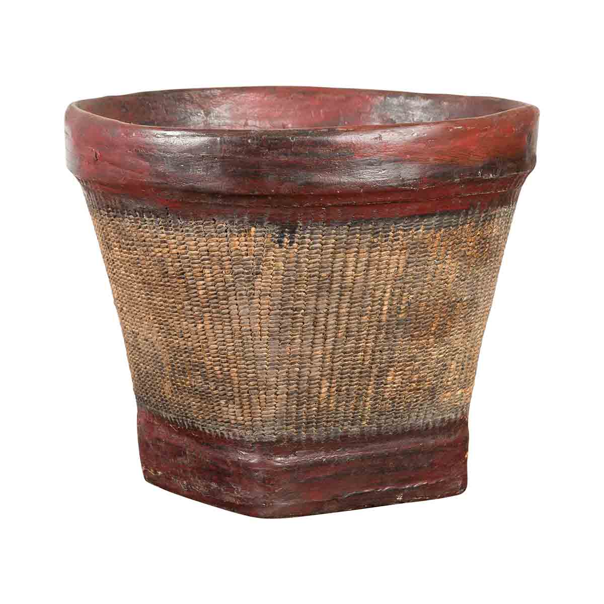 Thai 19th Century Rustic Hand-Woven Rattan Rice Basket with Red Rim-1. Asian & Chinese Furniture, Art, Antiques, Vintage Home Décor for sale at FEA Home