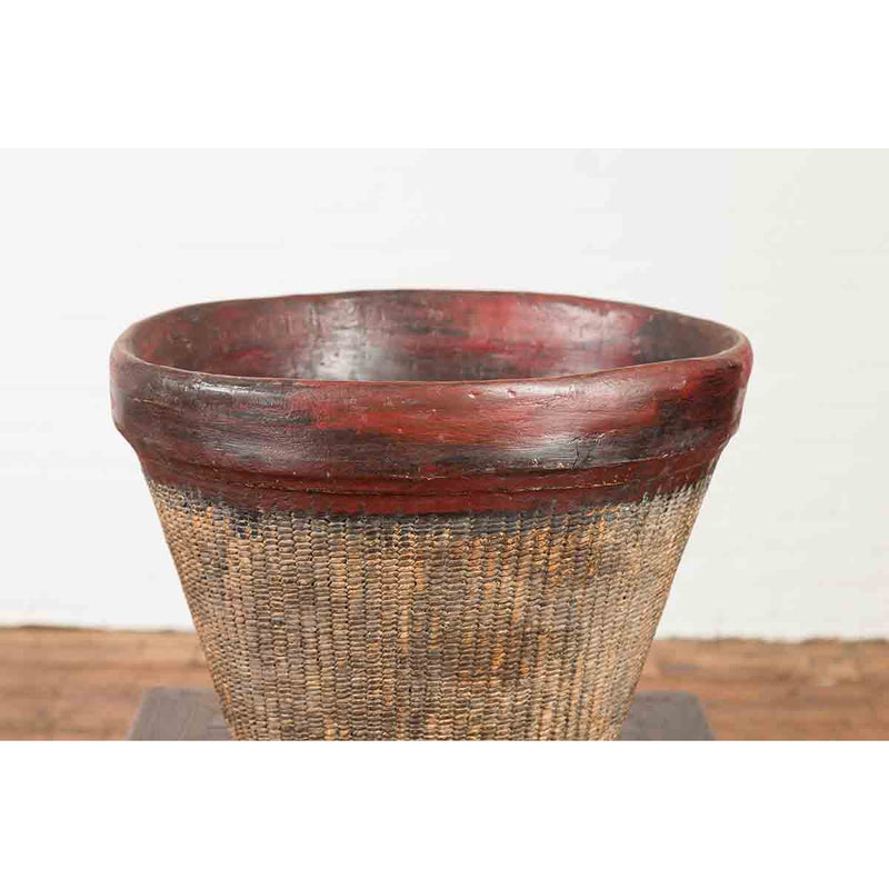 Thai 19th Century Rustic Hand-Woven Rattan Rice Basket with Red Rim