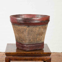 Thai 19th Century Rustic Hand-Woven Rattan Rice Basket with Red Rim