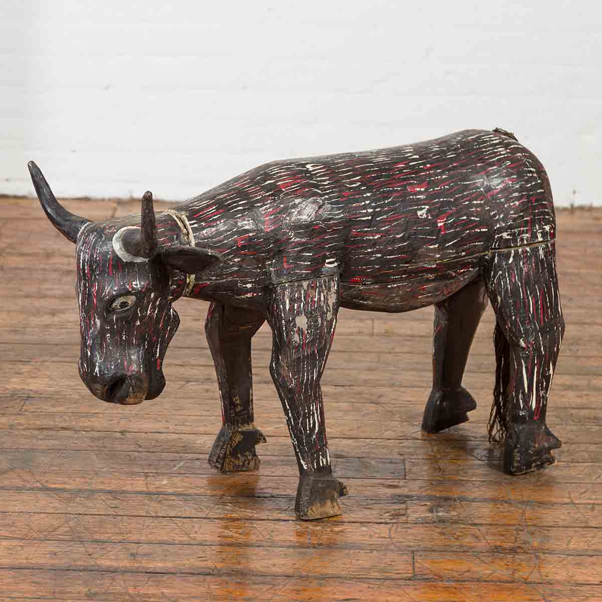Indian Early 20th Century Hand Painted Wooden Cow with Distressed Patina-2. Asian & Chinese Furniture, Art, Antiques, Vintage Home Décor for sale at FEA Home