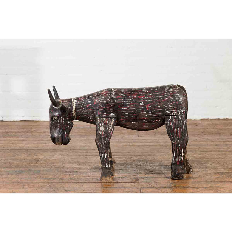 Indian Early 20th Century Hand Painted Wooden Cow with Distressed Patina-YN7062-8. Asian & Chinese Furniture, Art, Antiques, Vintage Home Décor for sale at FEA Home