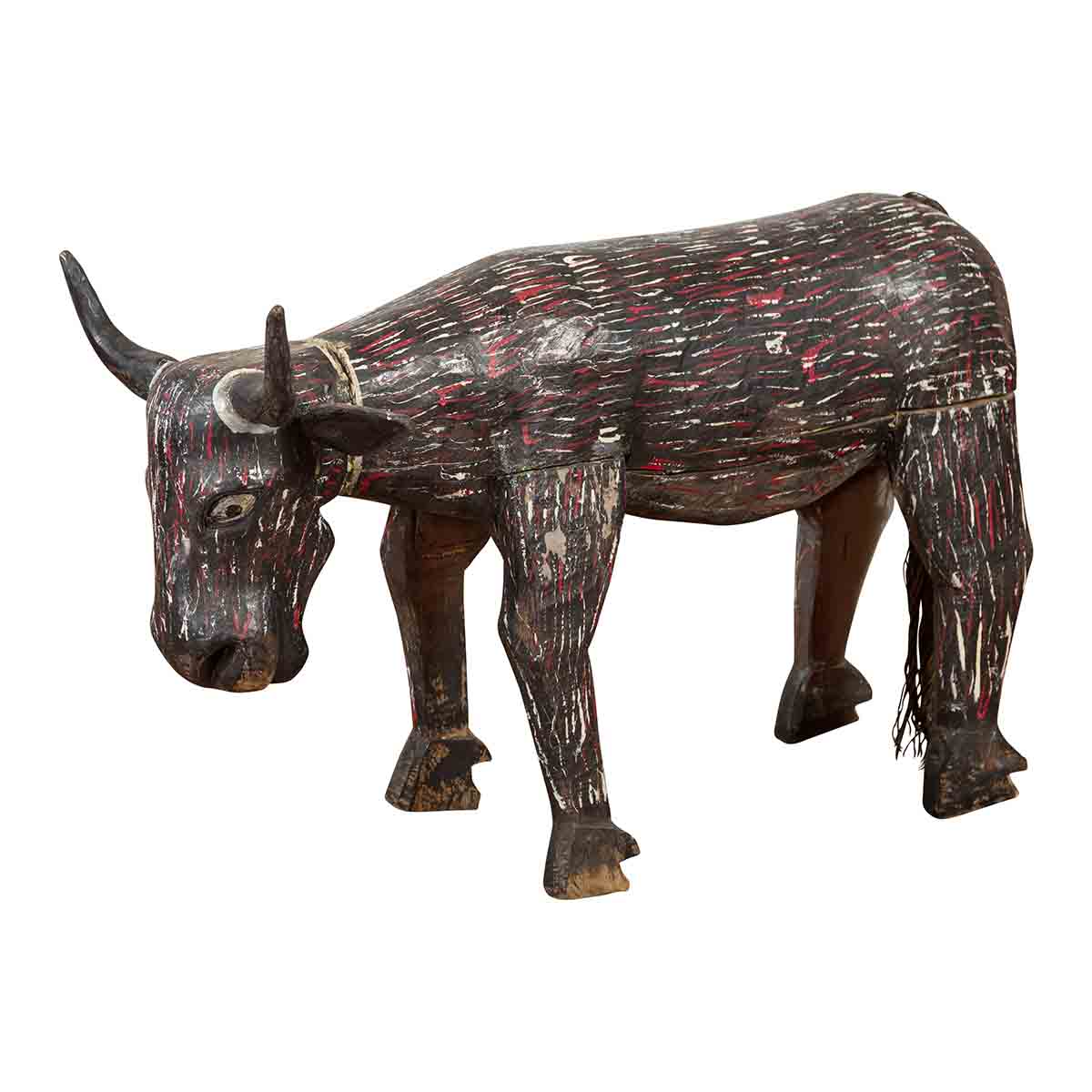 Indian Early 20th Century Hand Painted Wooden Cow with Distressed Patina-1. Asian & Chinese Furniture, Art, Antiques, Vintage Home Décor for sale at FEA Home