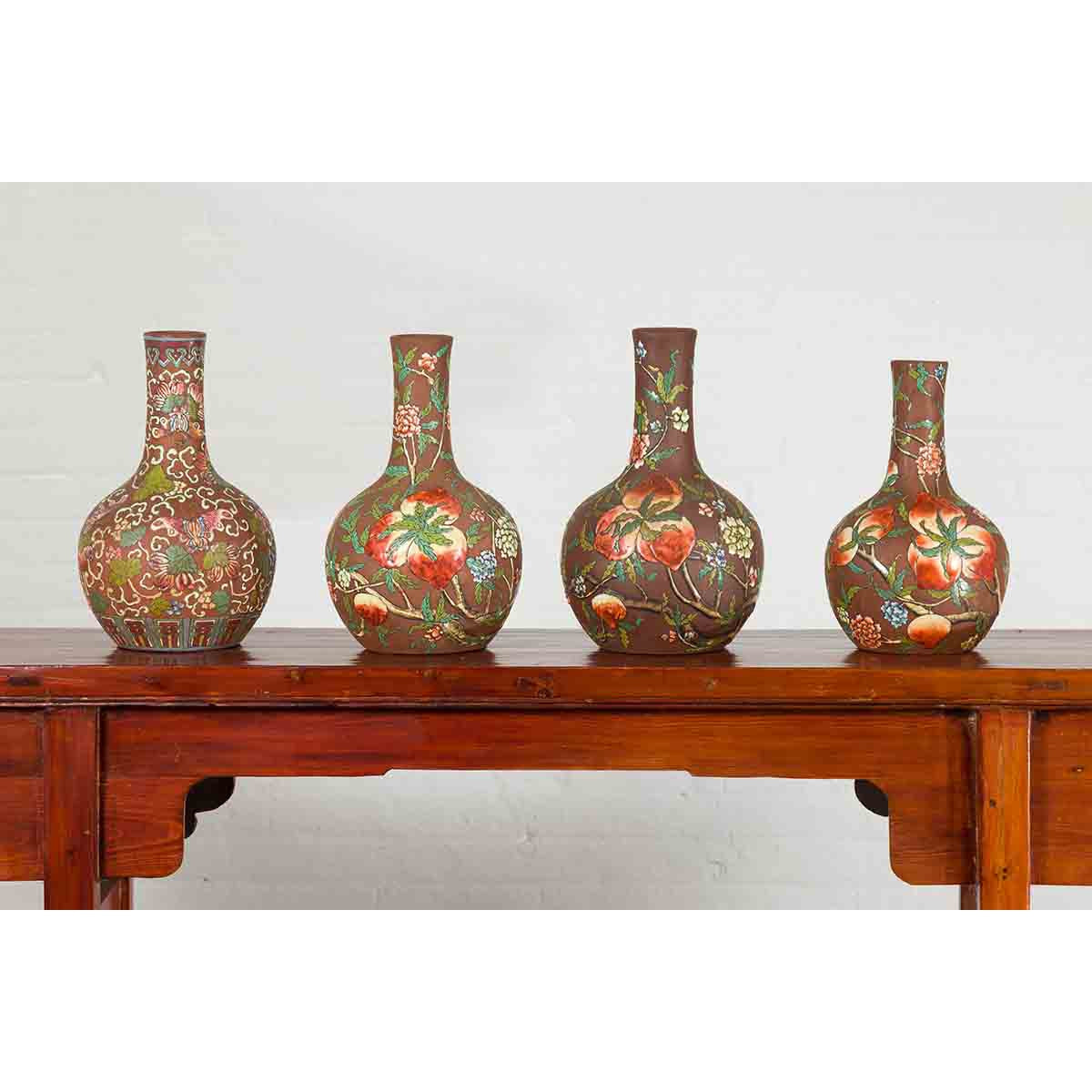 Vintage Chinese Kendi Shape Porcelain Vases with Raised Floral and Fruit Décor-2. Asian & Chinese Furniture, Art, Antiques, Vintage Home Décor for sale at FEA Home