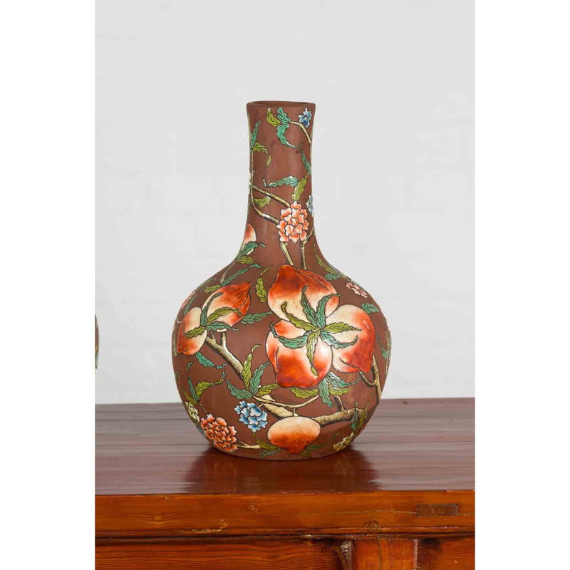 Vintage Chinese Kendi Shape Porcelain Vases with Raised Floral and Fruit Décor