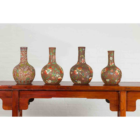 Vintage Chinese Kendi Shape Porcelain Vases with Raised Floral and Fruit Décor