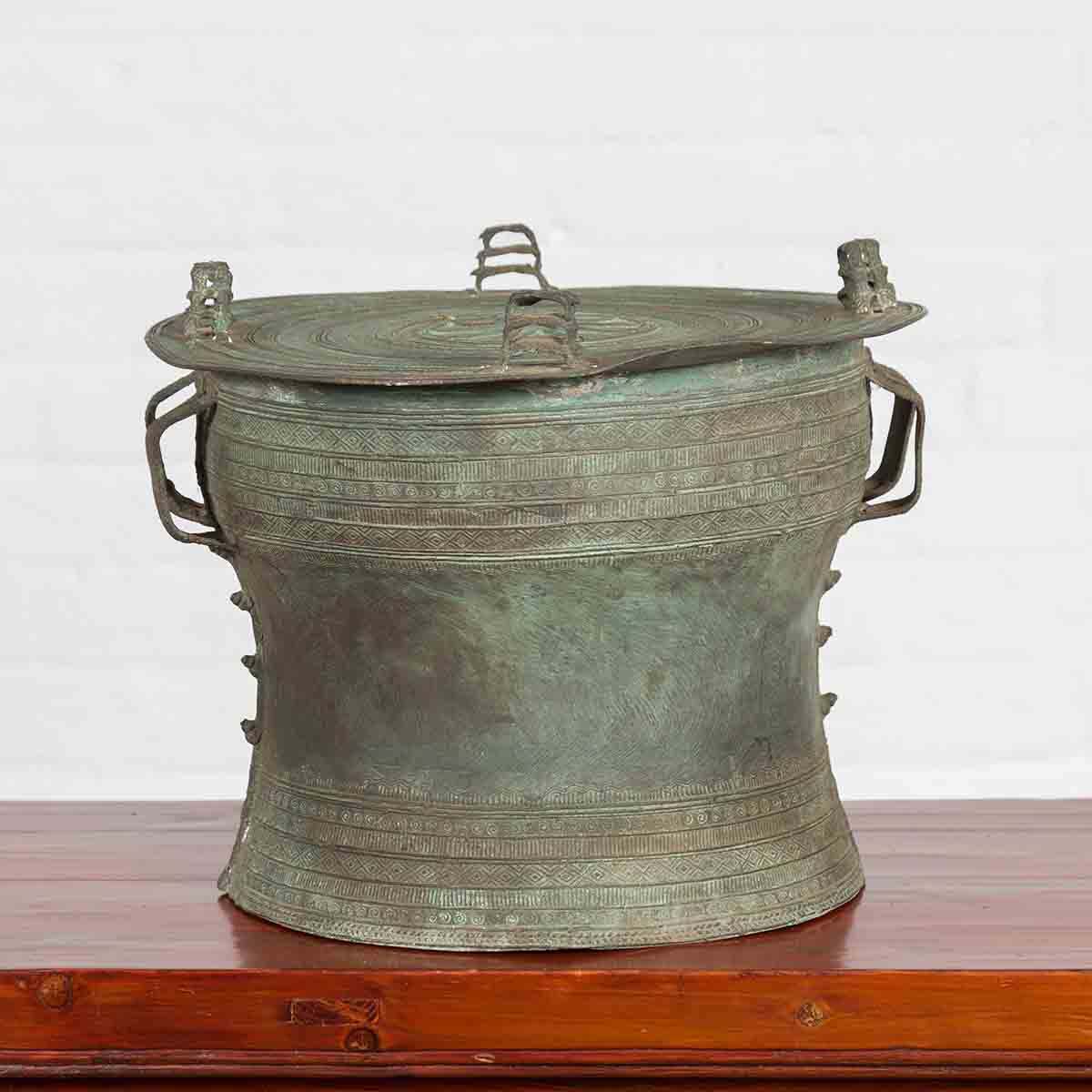 Laotian Style Vintage Bronze Rain Drum with Geometric Motifs and Verde Patina-2. Asian & Chinese Furniture, Art, Antiques, Vintage Home Décor for sale at FEA Home