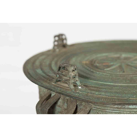 Laotian Style Vintage Bronze Rain Drum with Geometric Motifs and Verde Patina