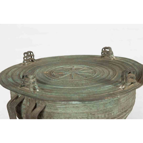 Laotian Style Vintage Bronze Rain Drum with Geometric Motifs and Verde Patina